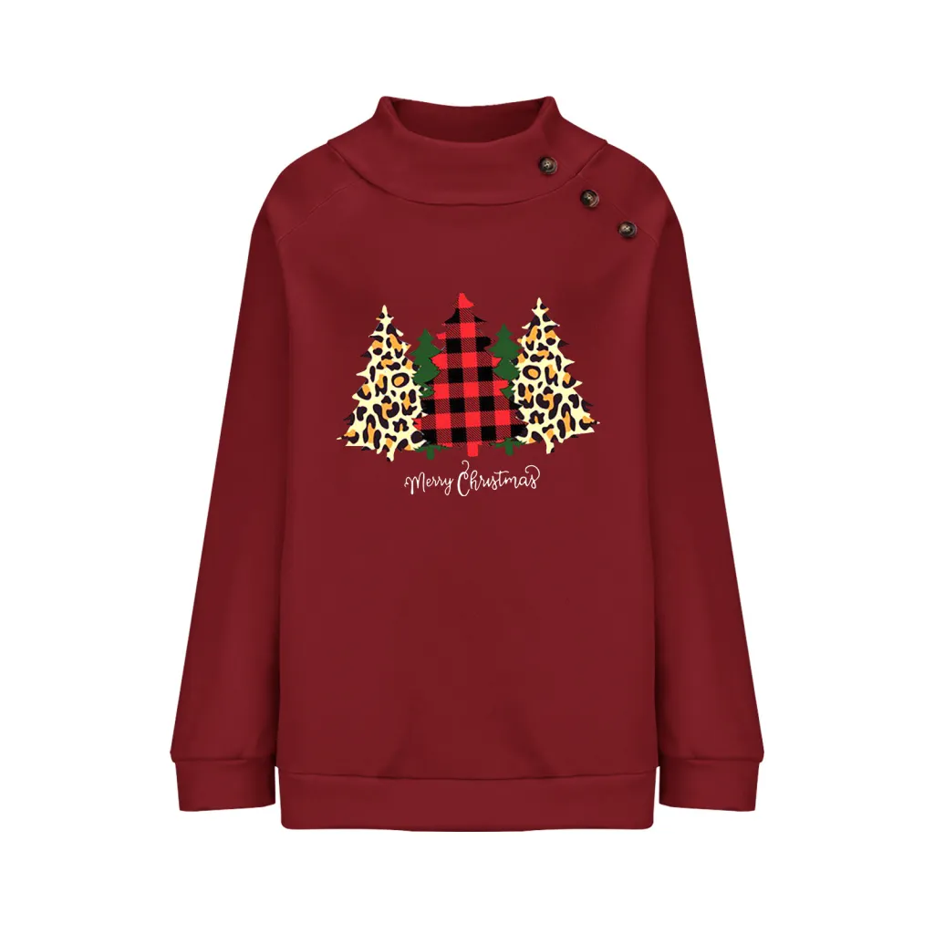 High Round Neck Button Christmas Loose Long Sleeve Sweatershirt Women - Wine Red