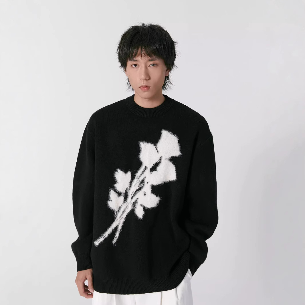 Korean-style Niche Vintage Rose Jacquard Sweater For Men