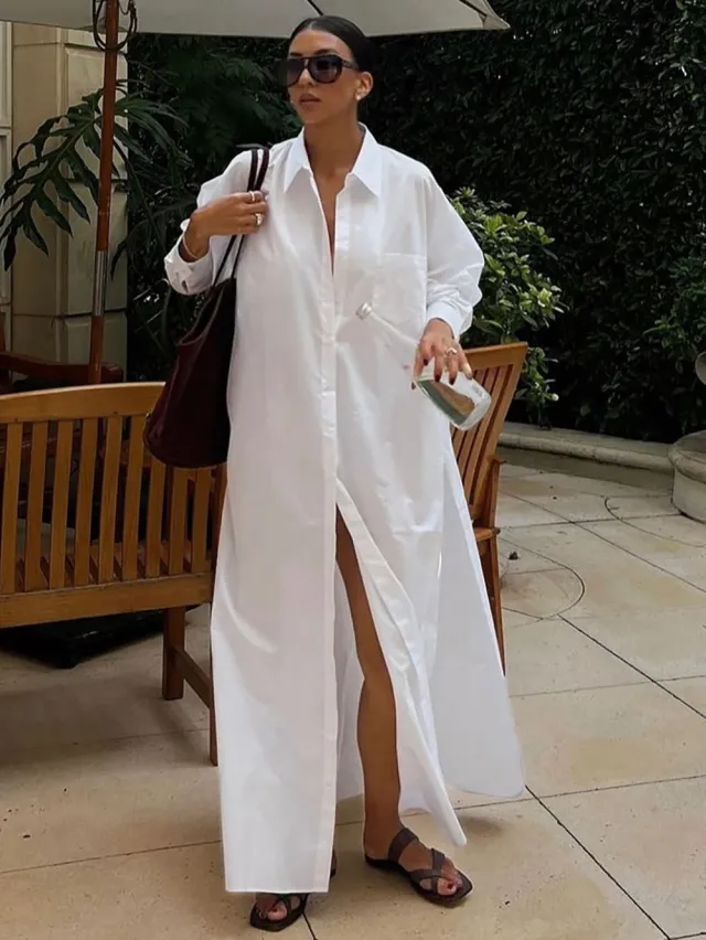 Spring And Summer Lapel Split Dress Women White - Shop at LoveMi
