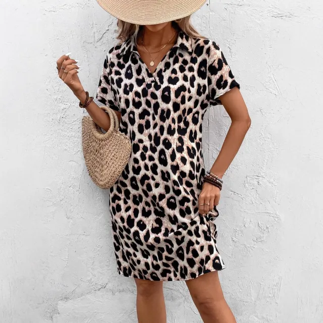 Leopard Print Casual Dolman Sleeve Mid Waist Dress Women's Clothing Color - Shop at LoveMi