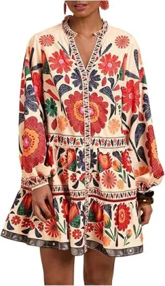 Floral Print Short Bohemian Beach Long Sleeve Button-down Flowy Blouse Dress - Beige - View 1