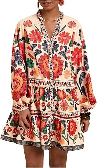 Floral Print Short Bohemian Beach Long Sleeve Button-down Flowy Blouse Dress - Beige