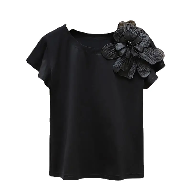 Round Neck Three-dimensional Flower Decoration Fashion Ruffle Sleeve Loose Slim Top