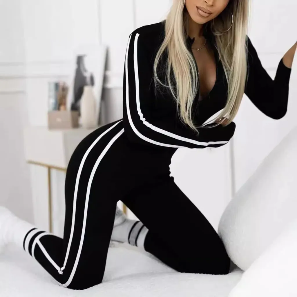 Autumn And Winter Women's Slim Striped Half Zipper Jumpsuit - Black