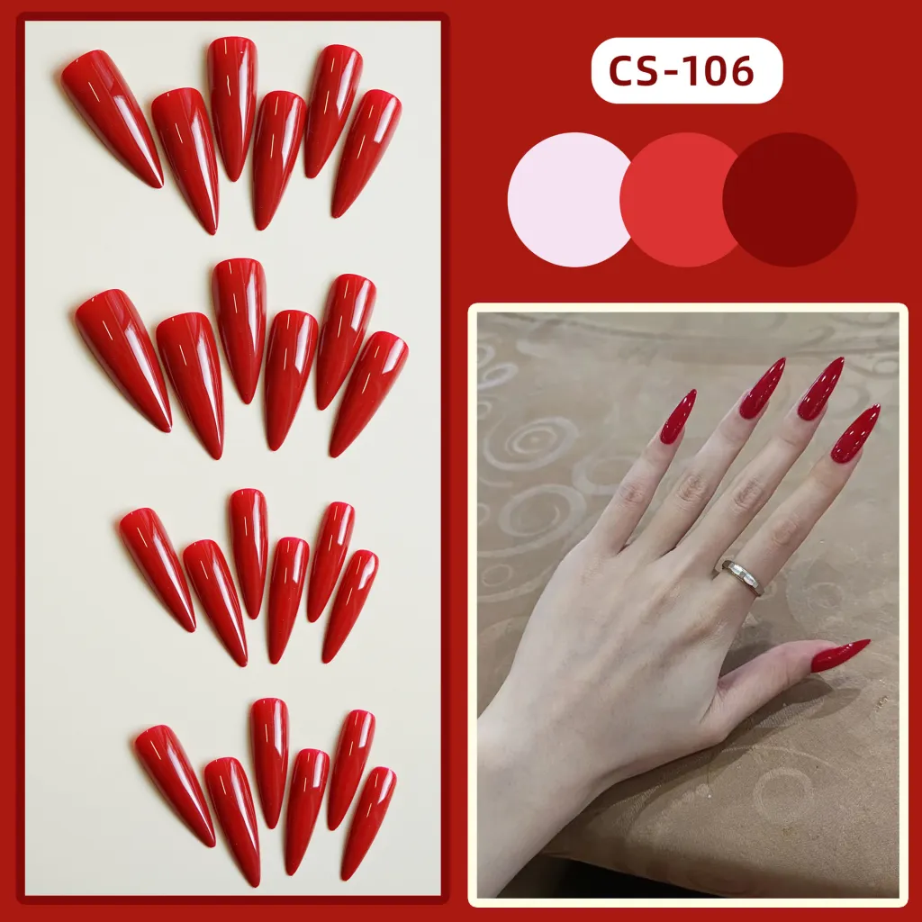 CS-106 Art Pointed Red Fake Nail Tip Wear Armor - Red