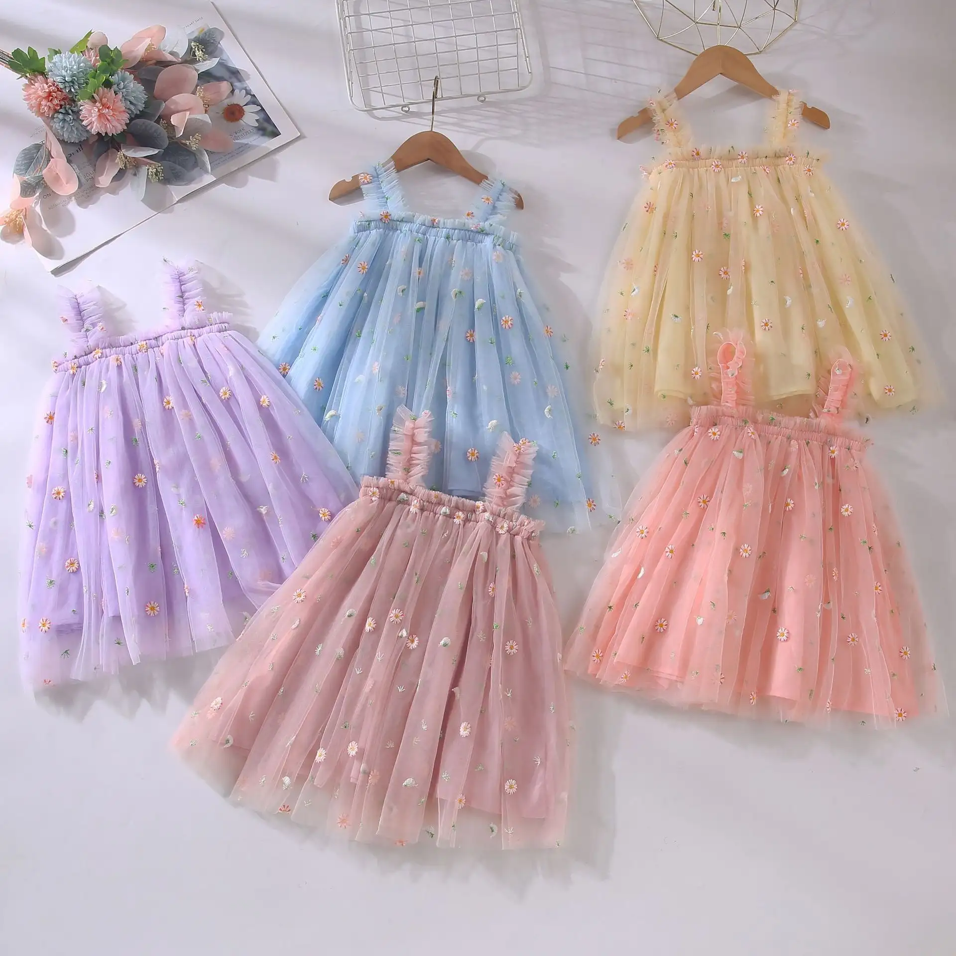 Girls' Embroidered Solid Color Sling Dress