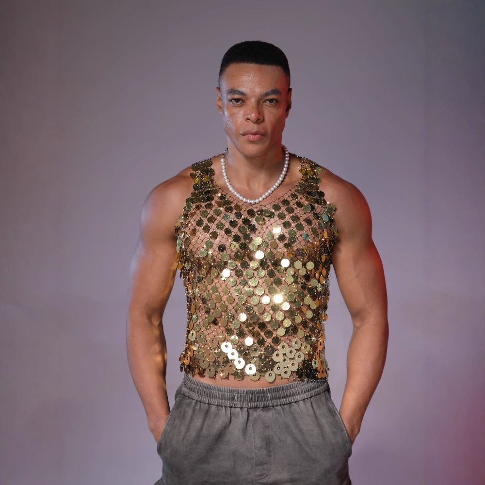 Mens Sparkling Diamond Hollow-Out Vest Top