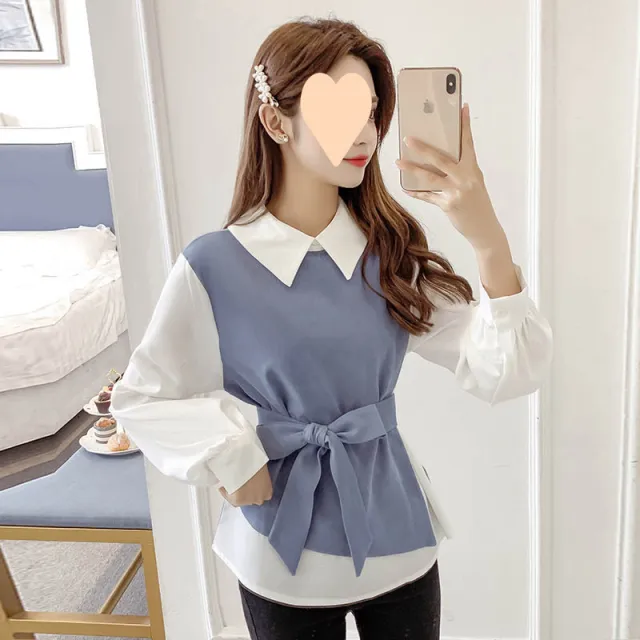 All matching Fitted Waist Flattering Shirt Graceful Collar Chiffon Shirt Top Blue - Shop at LoveMi