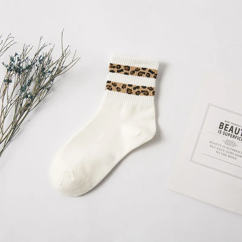 Leopard Print Women's Mid Tube Stockings Bunching Socks - White