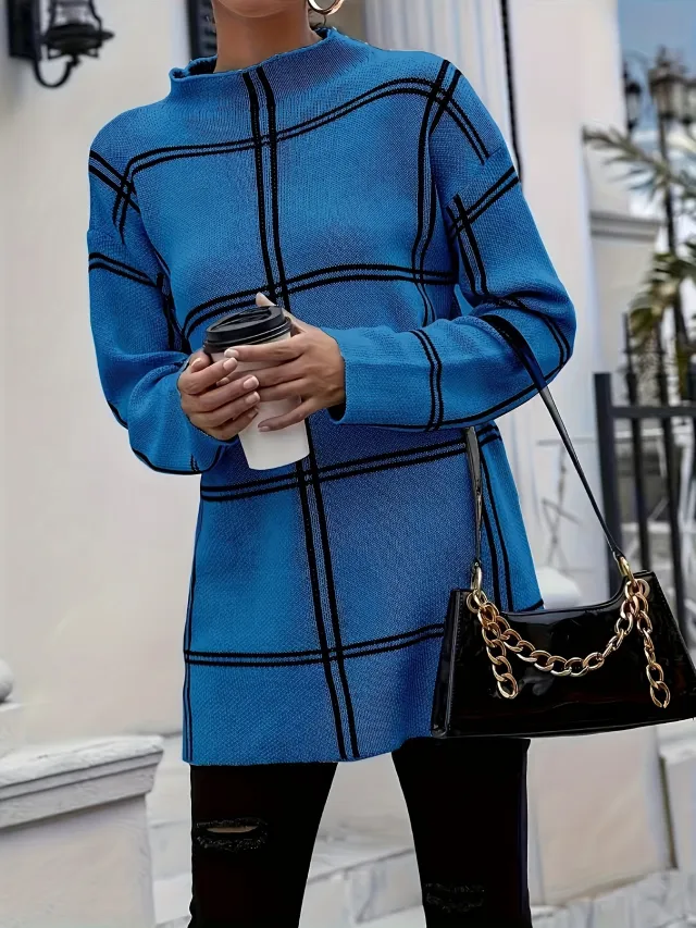 Plaid Casual All match Round Neck Pullover Sweater Sapphire Blue - Shop at LoveMi