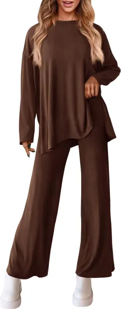 Women's Knitted Fashion Casual Solid Colour Suit - Dark Coffee Colour - View 1