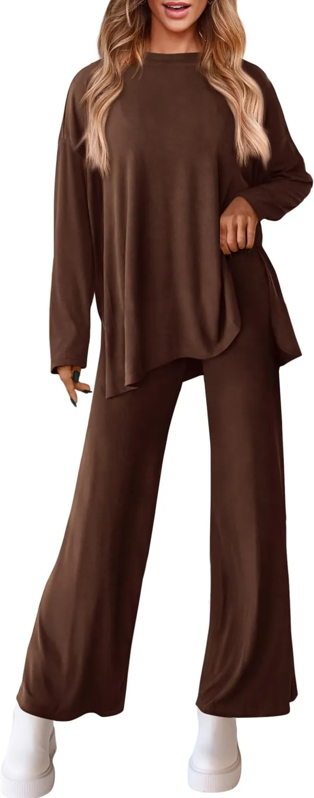 Women's Knitted Fashion Casual Solid Color Suit Dark Coffee Color - Shop at LoveMi