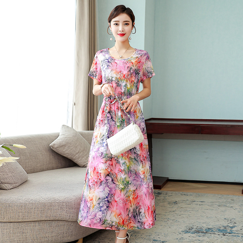 Women's Short Sleeve And Long Pattern Over The Knee Noil Poplin Dress
