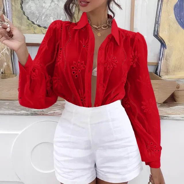 Casual Resort Fashion Hollow out Long sleeve Cardigan Blouse Red - Shop at LoveMi