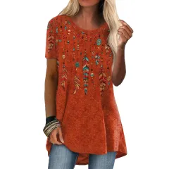 Crew Neck Casual Ethnic Style Vintage Print Short Sleeves T-shirt - Orange - View 1