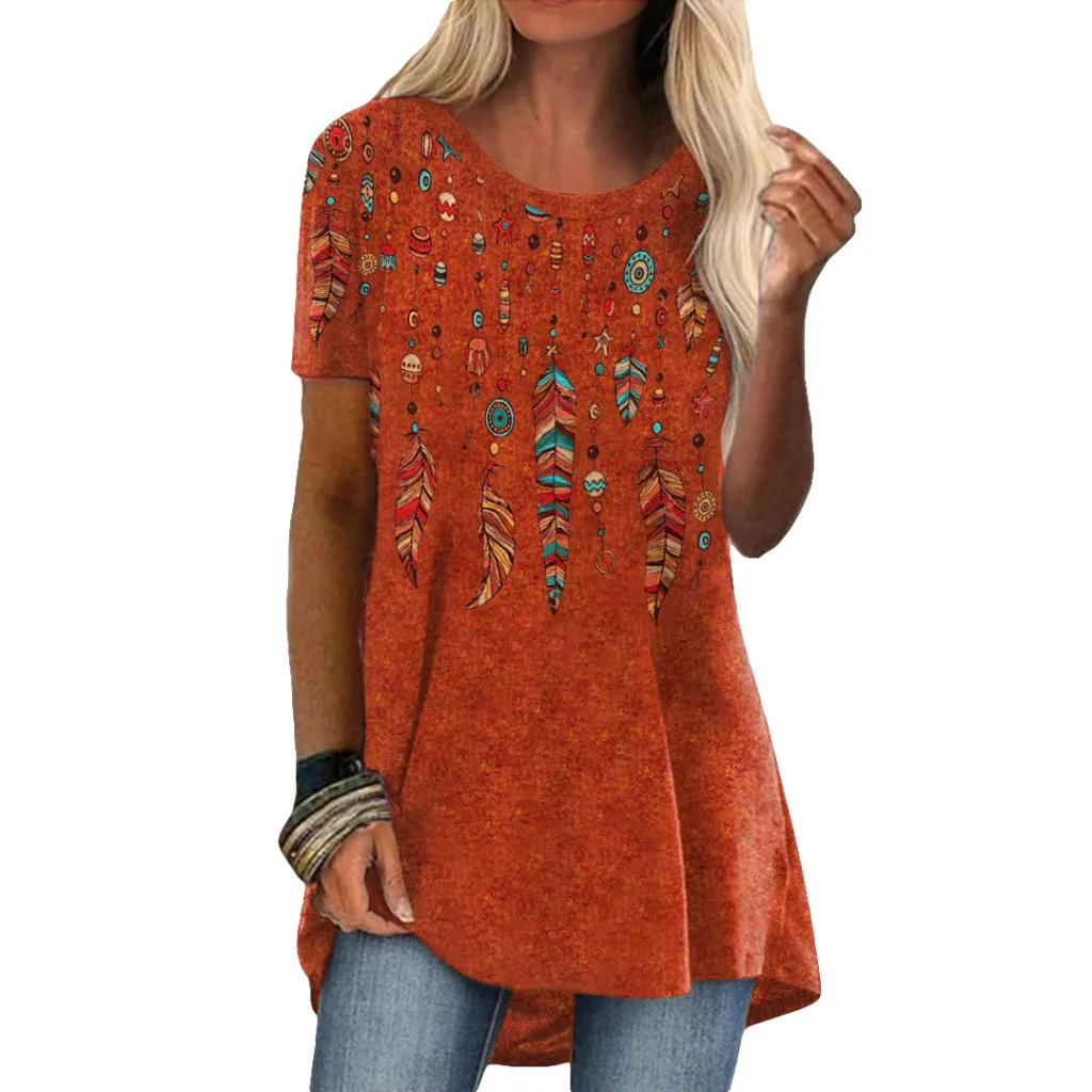 Crew Neck Casual Ethnic Style Vintage Print Short Sleeves T-shirt - Orange
