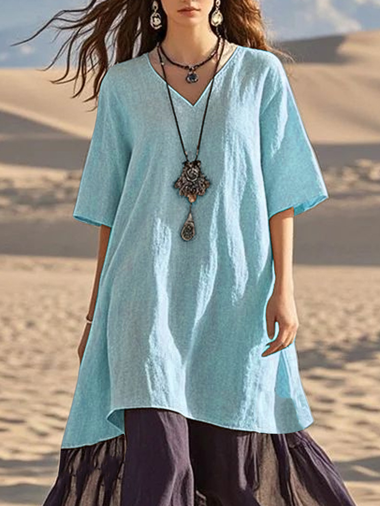 Casual V neck Short sleeve Color block Solid Women's Dress Blue - Shop at LoveMi