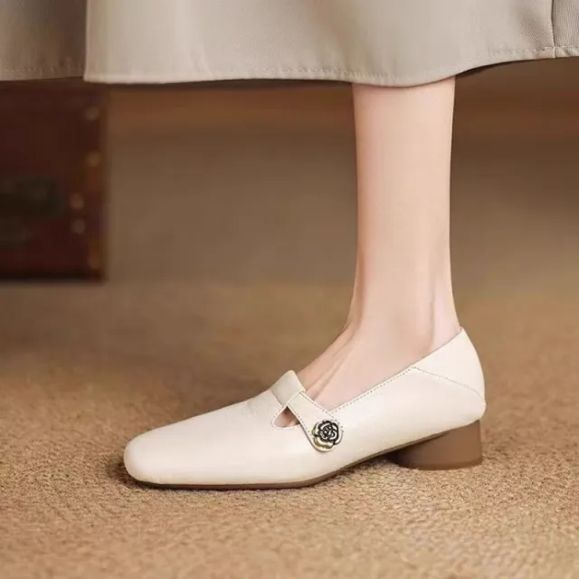 Retro Square Head Genuine Leather Shallow Mouth Shoes Women Beige - Shop at LoveMi