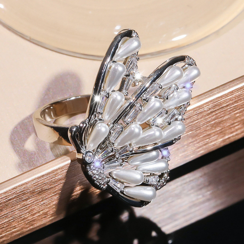 Zircon Pearl Butterfly Closed End Ring For Women