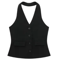 Women's Waistcoat Linen Vest Suit Black Top - Shop at LoveMi