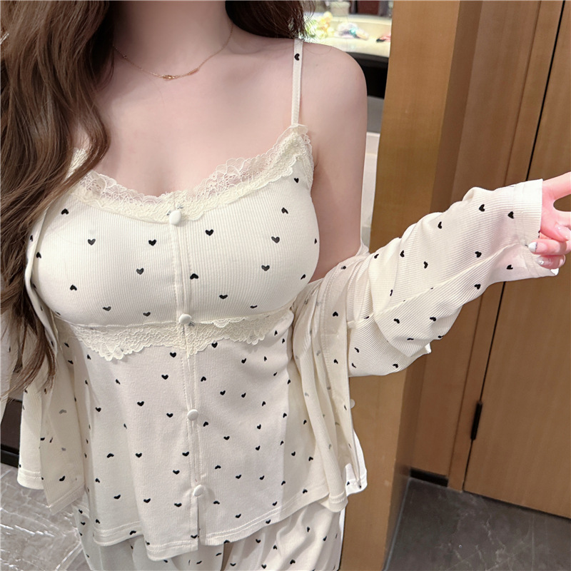 Women's Modal Sunken Stripe Cotton Peach Heart Printed Long-sleeved Trousers Sling Three-piece Set