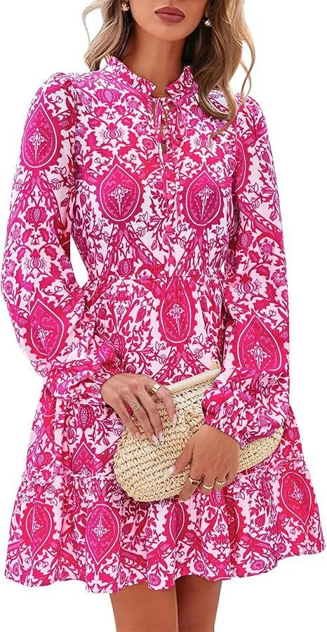 Elegant V neck Flower Lace up Long Sleeve Dress Rose Red - Shop at LoveMi