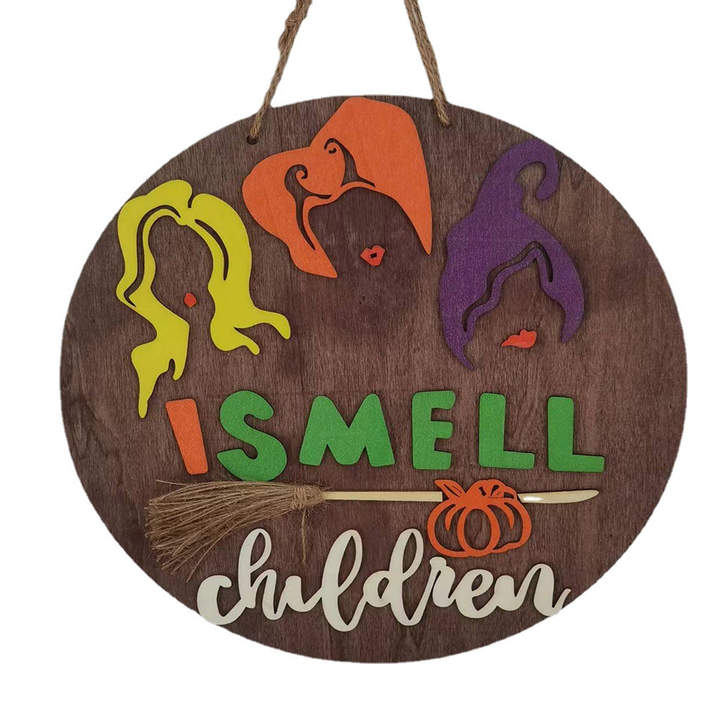 Ghost Festival Witch Broom Wooden Board Door Hanging Decoration