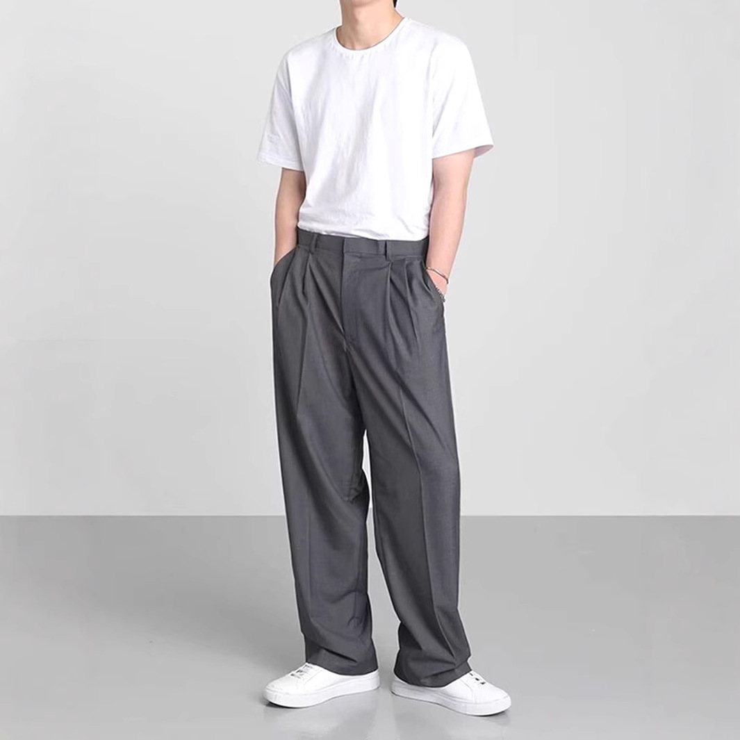 Mens Wide-Leg Suit Trousers With A Designer French-Style Hidden Button Closure