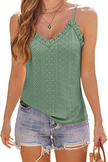 Solid Color Hollow Lace Strappy T shirt Light Green - Shop at LoveMi