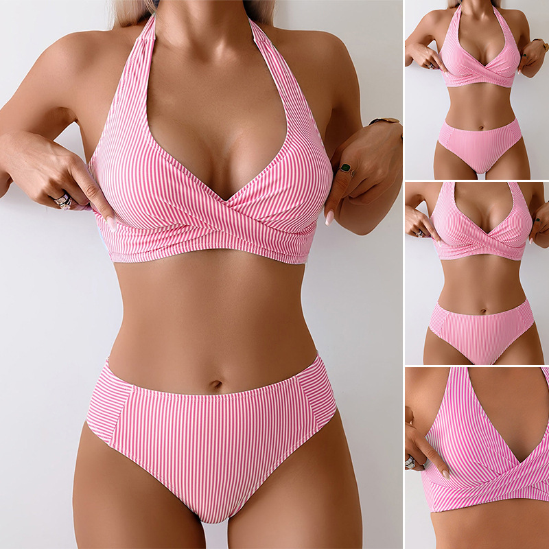 Striped One-piece Halter-top Swimsuit New-style Bikini For Women