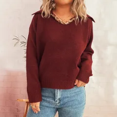 Hand-knitted Rope Stitching Lapel Long Sleeve Loose Sweater For Women - Wine Red - View 1