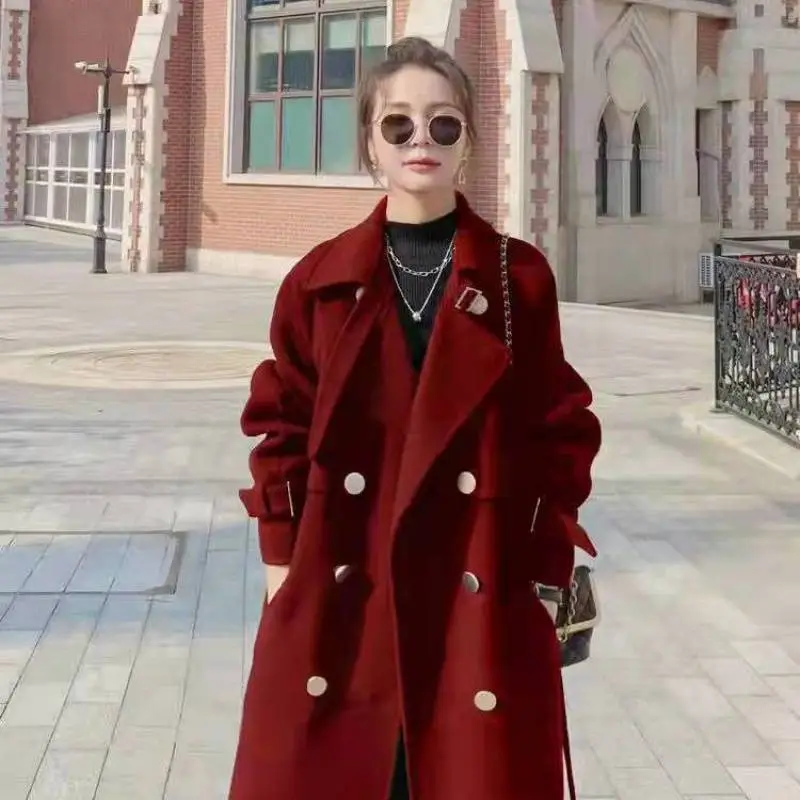 Black Woolen Coat Women's Mid-length - Red