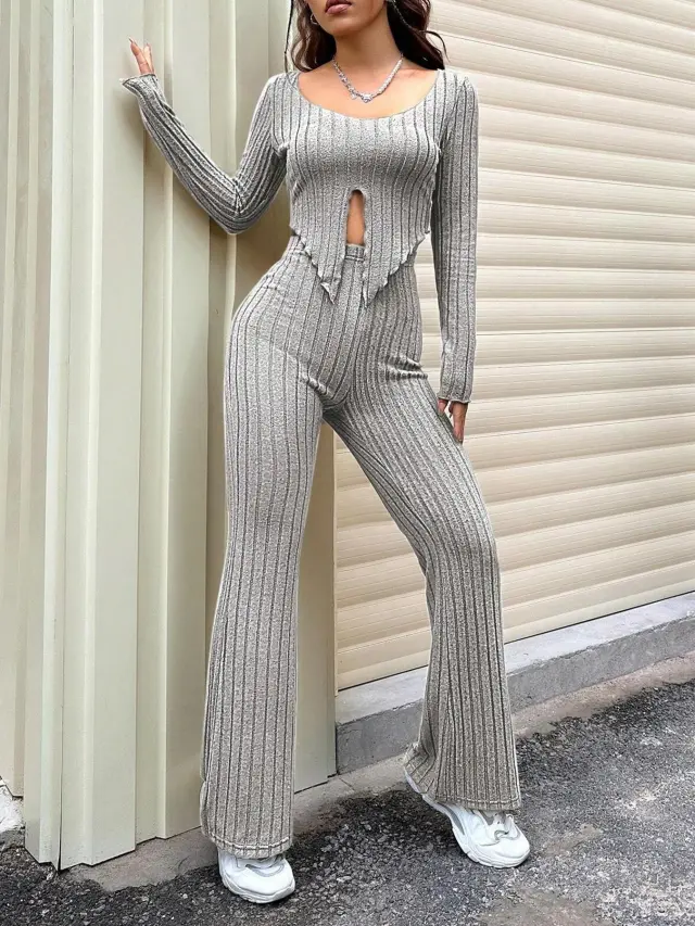 Solid Color Slim Waist Long Sleeve Top And High Waist Slightly Flared Pants Set Gray - Shop at LoveMi