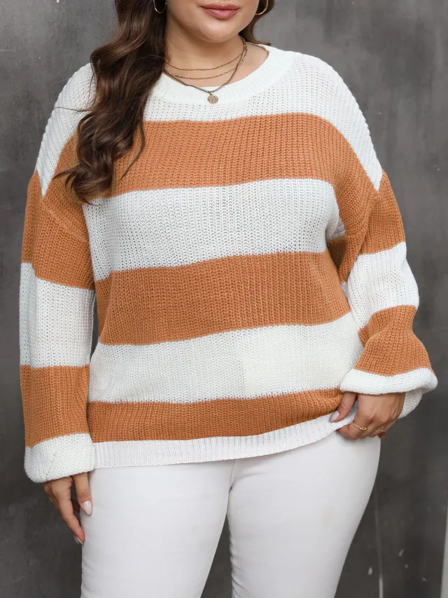 Plus Size Women's Clothing Style Contrast Color Striped Color Pullover Sweater Brown - Shop at LoveMi