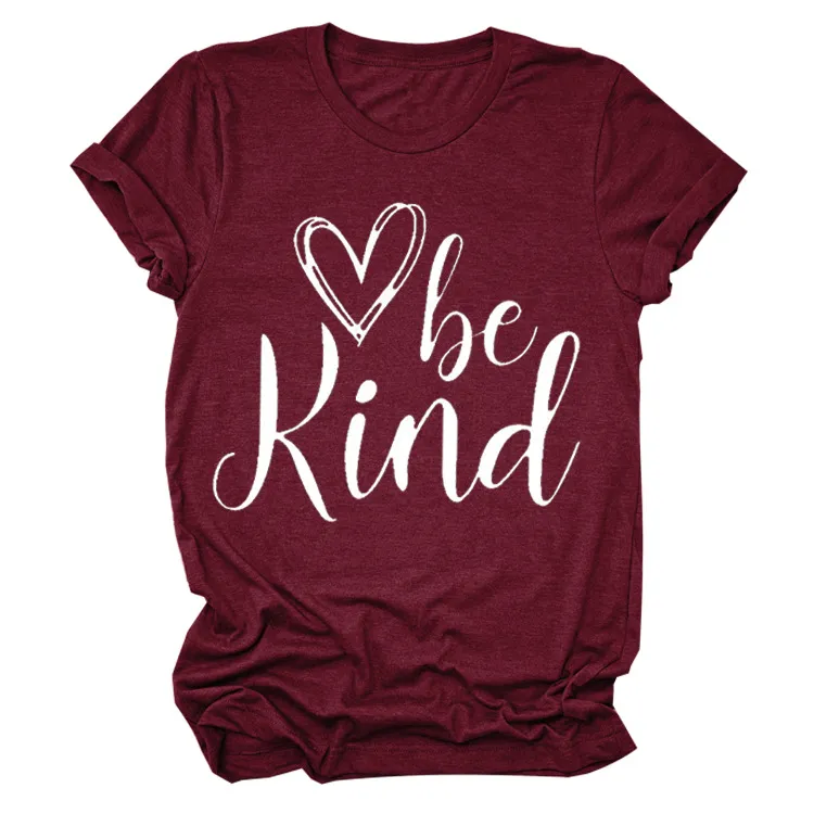 Heart Trendy Short Sleeve Crew Neck T-shirt Top - Wine Red White Font