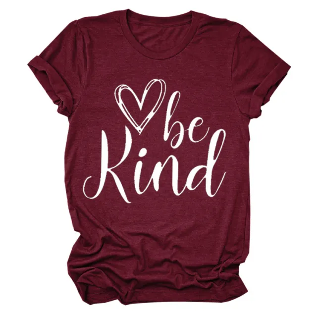 Heart Trendy Short Sleeve Crew Neck T shirt Top Wine Red White Font - Shop at LoveMi