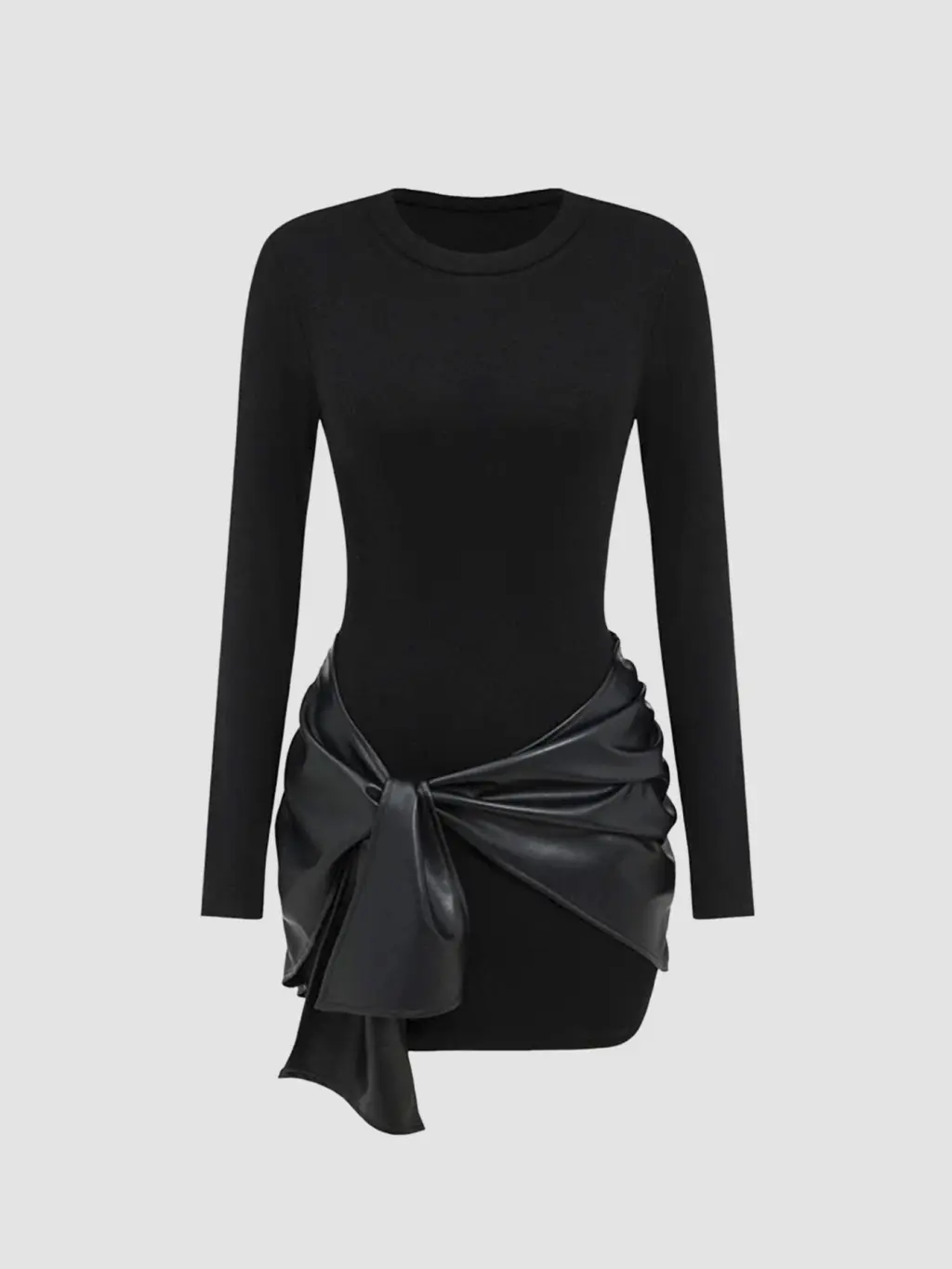 Solid Colour PU Ribbon Elegant Slim Waist Sheath Dress - Black