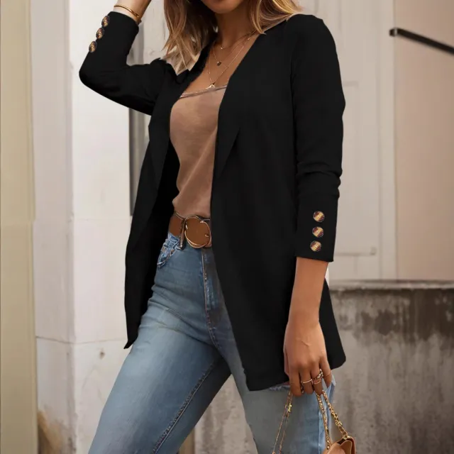 Solid Color Polo Collar Suit Long Sleeve All matching Slim Fit Coat Black - Shop at LoveMi