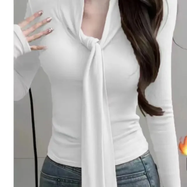 Pure Red V neck Lace up Bottoming Shirt White - Shop at LoveMi