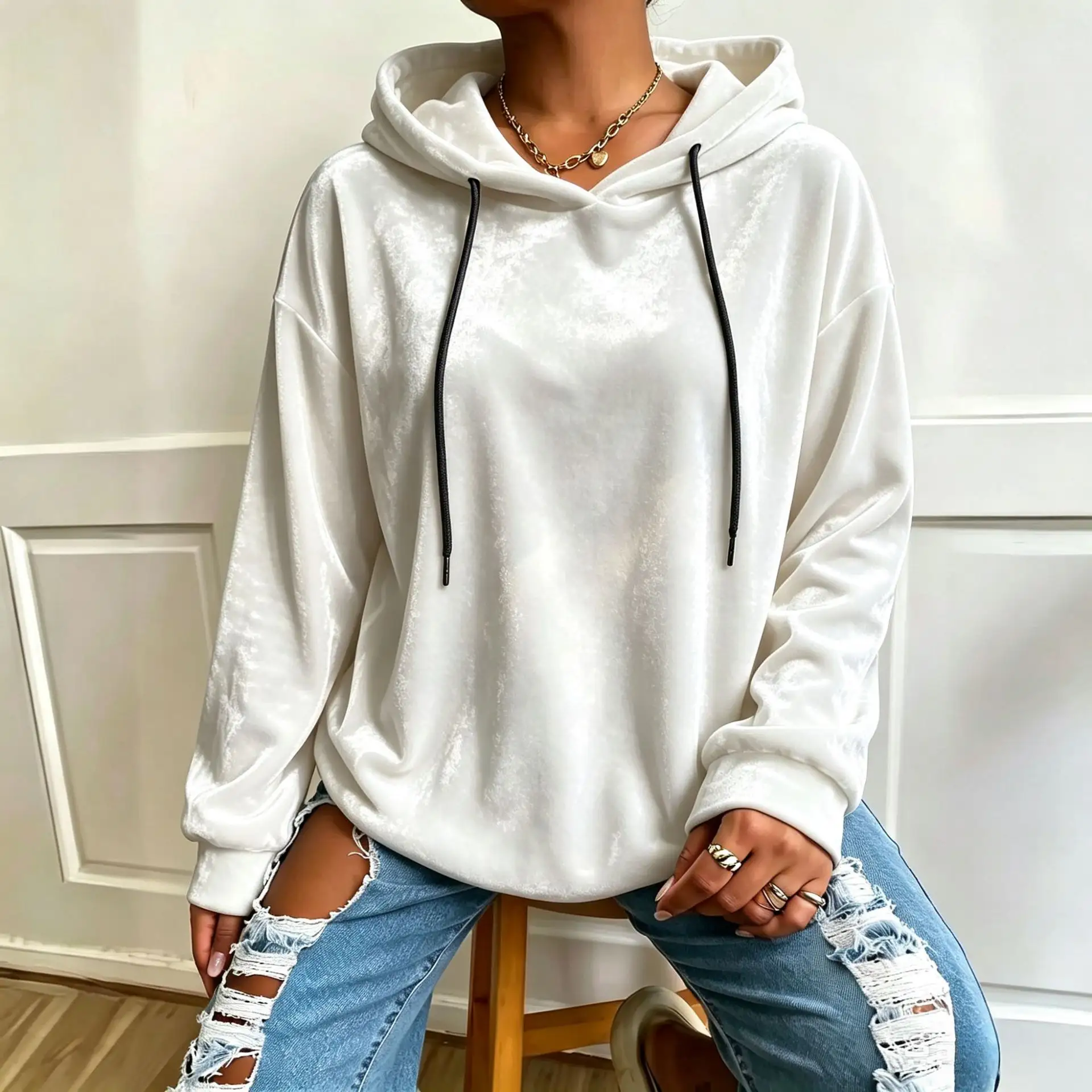 Hooded Pullover With Drawstring Long Sleeves Simple