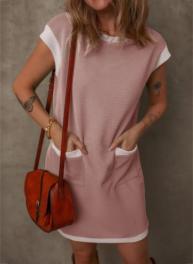 Women's Pullover Pocket Flap Sleeve Color blocked Straight Dress Pink - Shop at LoveMi