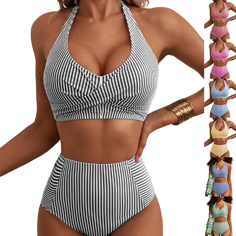 Neck-tie Pocket Swimsuit Striped Swimsuit For The Beach