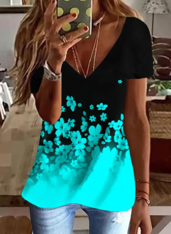 Stand Temperament Commute V neck Short Sleeve Loose Pullover Print Mid length T shirt Light Blue Leaves - Shop at LoveMi