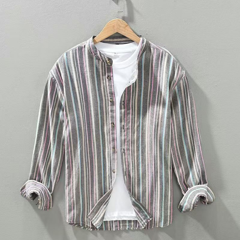 Mens Casual Loose-fit Cotton-linen Striped Long-sleeve Shirt
