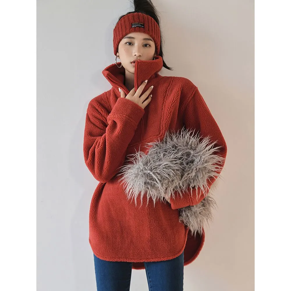 Winter Fleece-lined Zipped Stand Collar Coat Casual Loose-fitting Women's Sweater - Tan