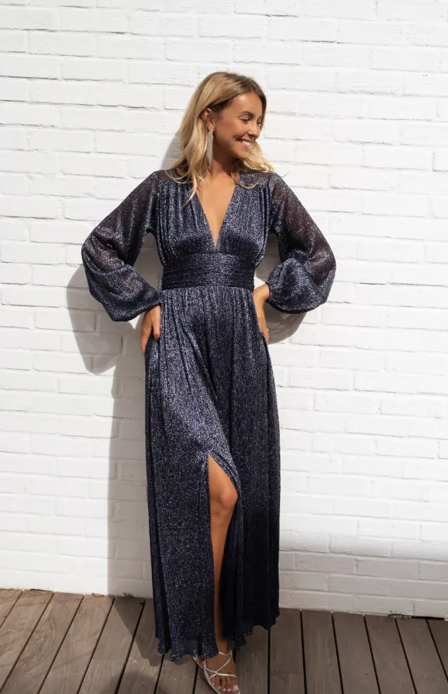 New Sequined Split Dress Long Sleeve V neck Navy - Shop at LoveMi