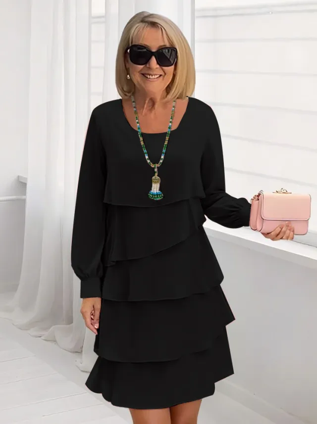 Elegant Loose Slimming Round neck Long sleeved Dress Black - Shop at LoveMi