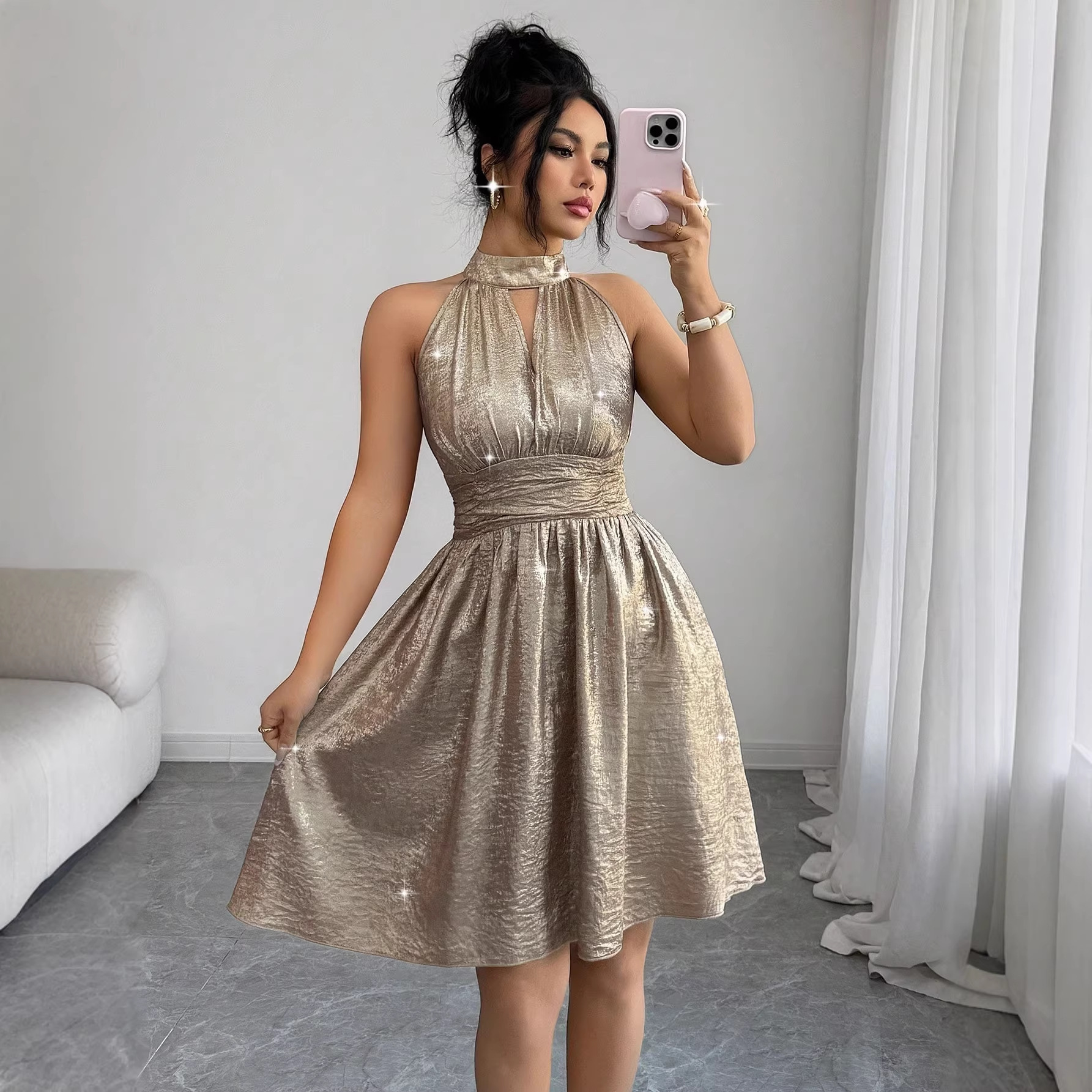 Shiny Waist-cinching Cutout Evening Gown For Socialites