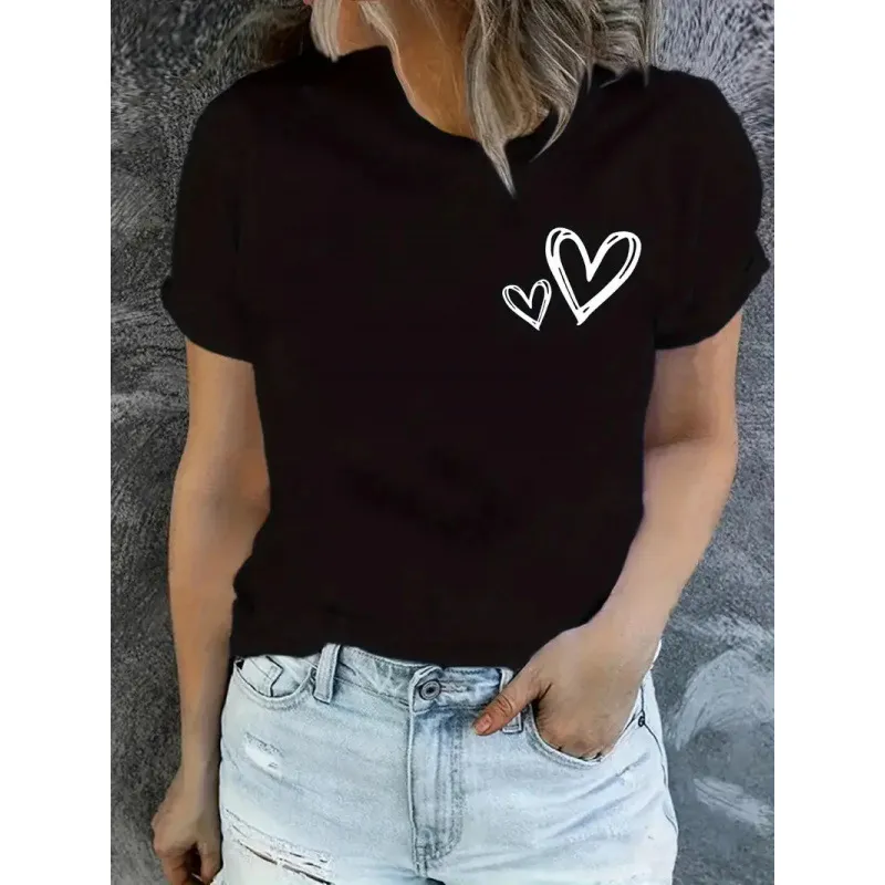 Women's Short-sleeved Valentine's Day Heart Round Neck Top - Hs1 8