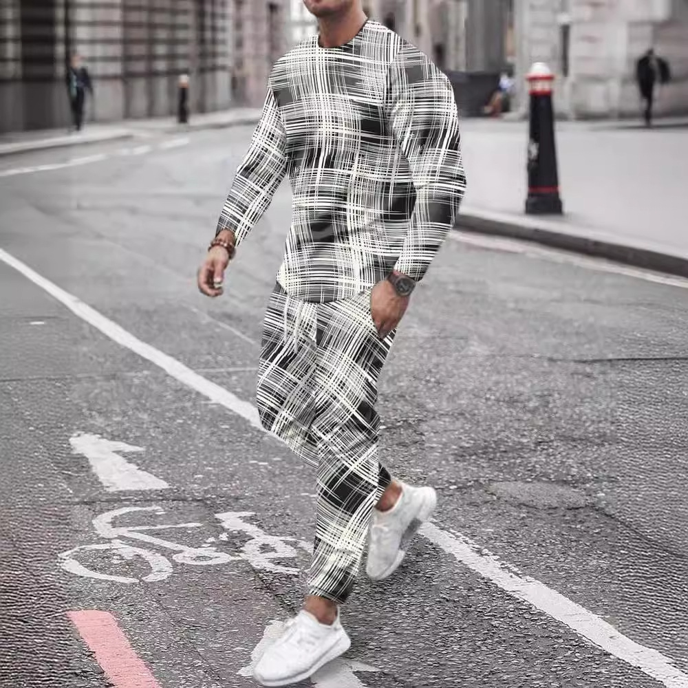 بدلة رياضية قطعتين بأكمام طويلة وبنطلون رياضي برقبة دائرية بأسلوب أوروبي وأمريكي